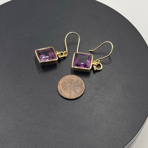 Sterling Silver Vermeil Designer IND Square Cut Bezel Set Amethyst Drop Earrings - Picture 7 of 8